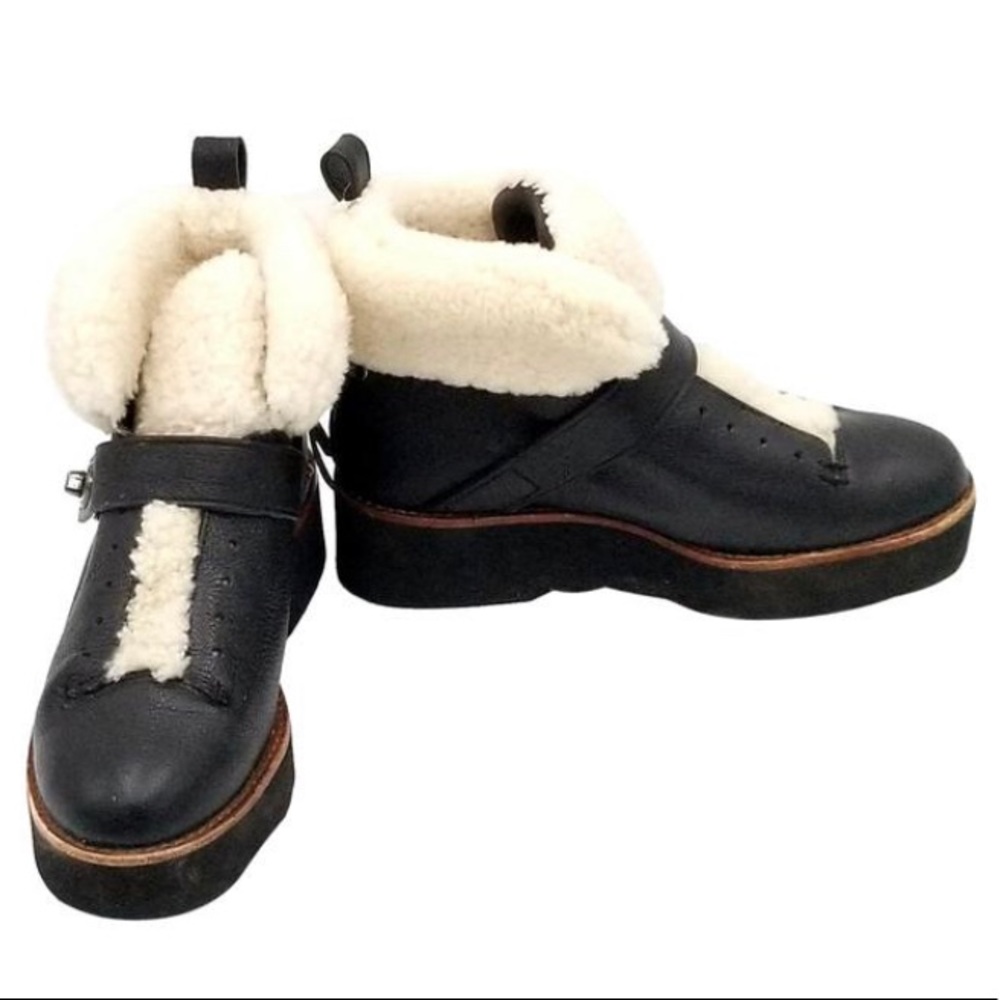 Coach Black Leather Shearling Cuff Ankle Boots
